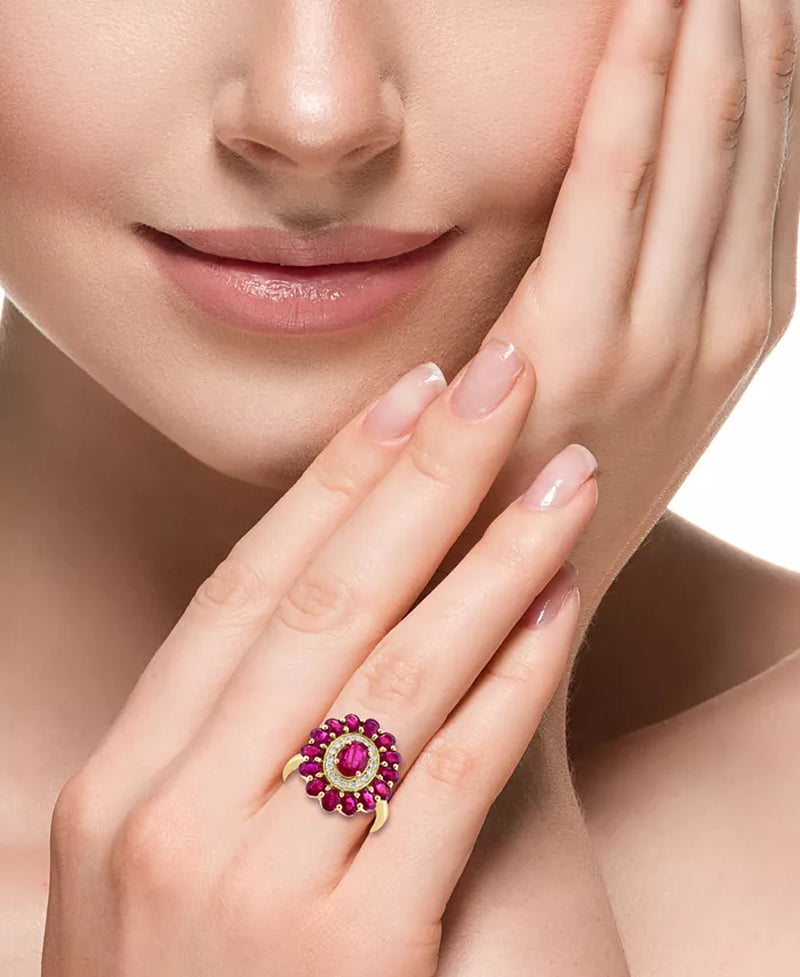 [14K] Gold Ruby (4-1/3 Ct. T.W.) & Diamond (1/5 Ct. T.W.) Flower Ring