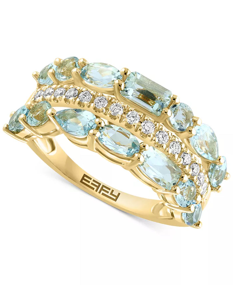 [14K] Gold Aquamarine (2-1/3 Ct. T.W.) & Diamond (1/5 Ct. T.W.) Multirow Ring 