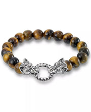 Men's Stainless Steel Wolf Head Tiger's Eye Bead  Bracelet