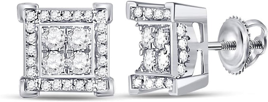 [14K, 1/3 Cttw] White Gold Mens Round Diamonds &Stud  Square Earrings 