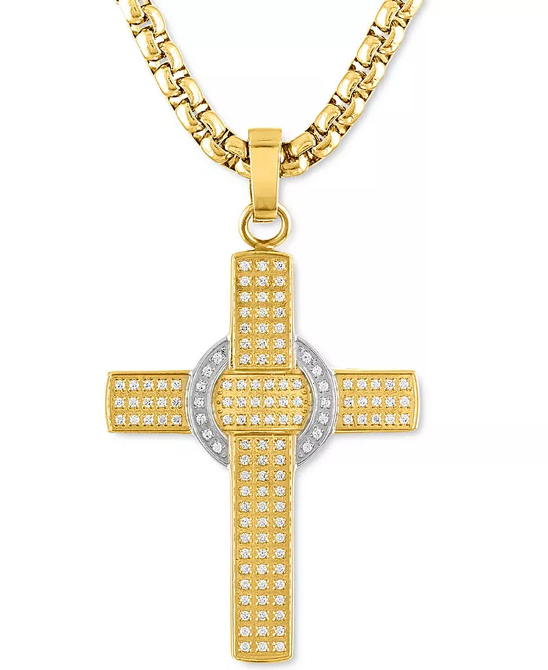 [1 Ct. T.W.] Stainless Steel & Gold-Tone Ion-Plated Diamond Cross 22" Pendant 