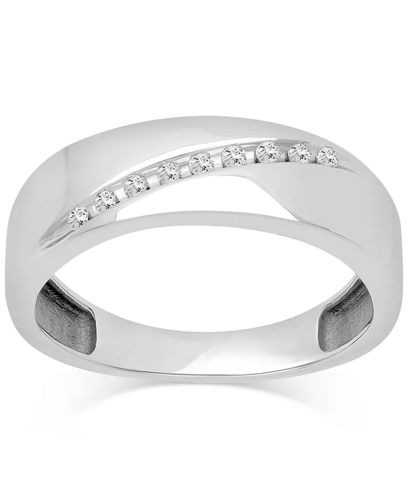 [14K, 1/10 Ct. T.W.] White Gold Men's Diagonal  Diamond Wedding Band