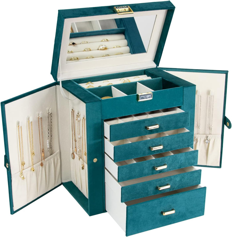 6-Layer Large Jewelry Organizer Box with Mirror & 5 Drawers