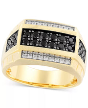 [10K, 1 Ct. T.W.] Gold Mens Black & White Diamond Square Cluster Ring