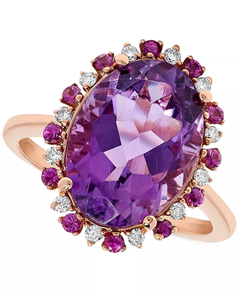 [14K] Rose Gold Amethyst (5-3/4 Ct. T.W.) & Diamond (1/8 Ct. T.W.) Oval Halo Ring