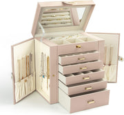 6-Layer Large Jewelry Organizer Box with Mirror & 5 Drawers