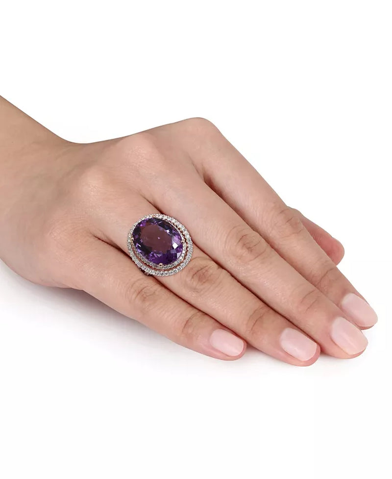 [14K] Rose Gold Amethyst (19-1/3 Ct. T.W.) & Diamond (7/8 Ct. T.W.) Double Halo Ring 