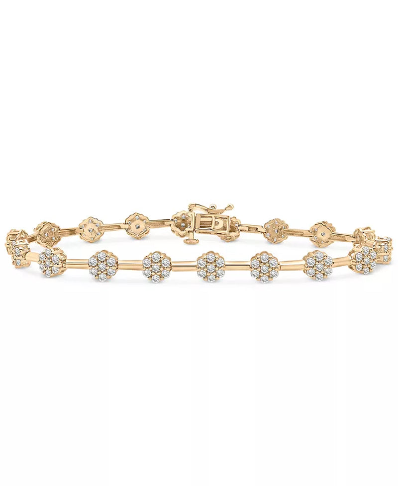 [2 Ct. T.W.] 14K Gold Diamond Flower Cluster Link Bracelet