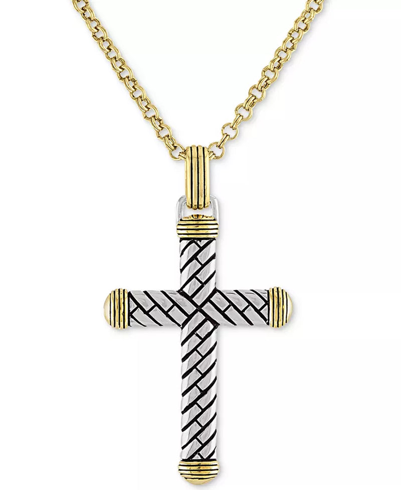 [14K] Sterling Silver Gold Textured Cross 22" Pendant Necklace