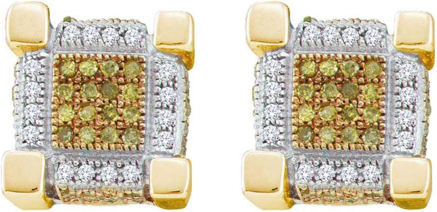 [10K, 1/2 Cttw] Yellow Gold Mens Round Yellow Color Enhanced Diamond 3D Cube Stud Earrings 