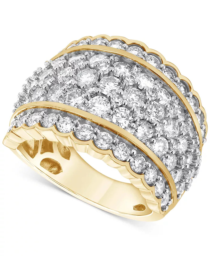 [14K, 3 Ct. T.W.] Gold Diamond Multi Row Wide Scallop Edge Statement Ring