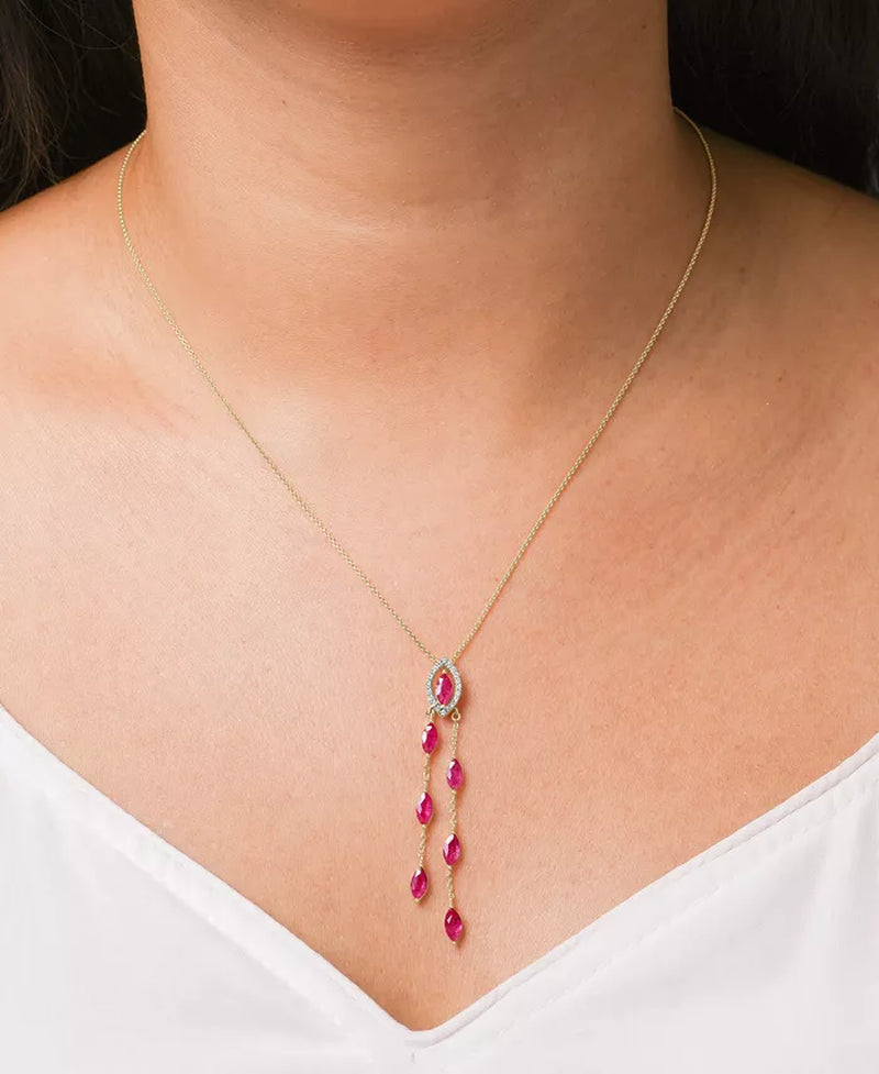 Ruby (2-1/3 Ct. T.W.) & Diamond (1/10 Ct. T.W.) Navette Dangling Chain 18" Pendant Necklace in 14K Gold