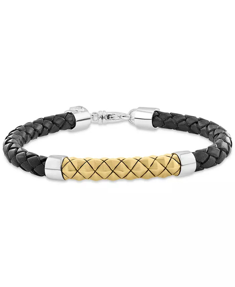 [18K] Yellow Gold over Sterling Silver Braided Leather Bracelet