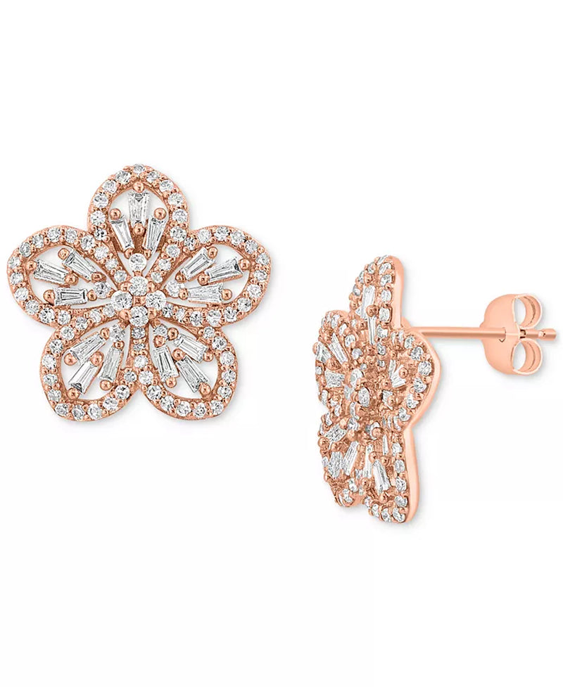 [14K, 1 Ct. T.W.] Rose Gold Diamond Baguette & Round Flower Stud Earrings