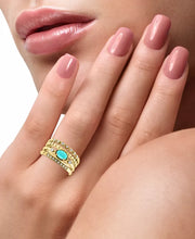 [14K, 1/6 Ct. T.W.] Gold Turquoise & Diamond Multi Row Ring