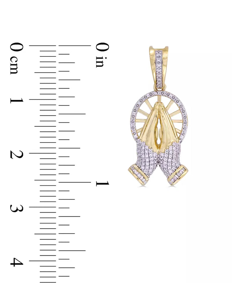 [10K , 1/6 Ct. T.W.] Gold Diamond Round & Baguette Praying Hands Pendant