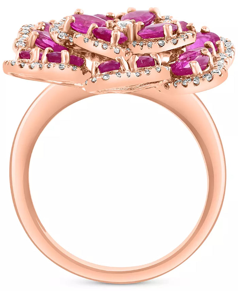 [14K] Rose Gold Ruby (3-3/4 Ct. T.W.) & Diamond (5/8 Ct. T.W.) Flower Ring 