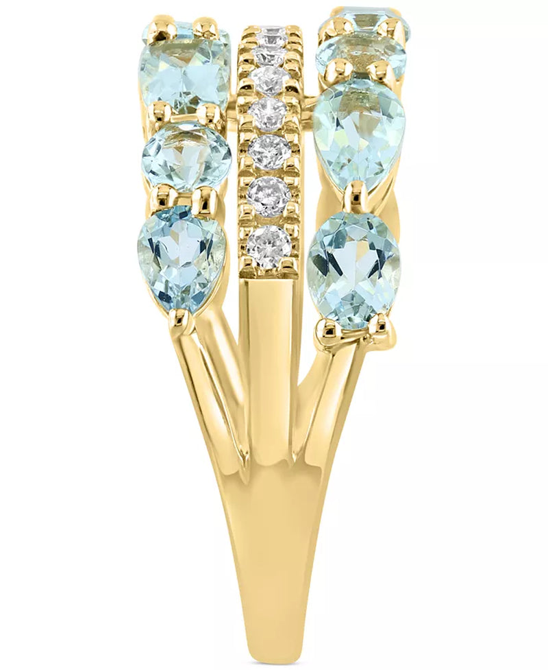 [14K] Gold Aquamarine (2-1/3 Ct. T.W.) & Diamond (1/5 Ct. T.W.) Multirow Ring 