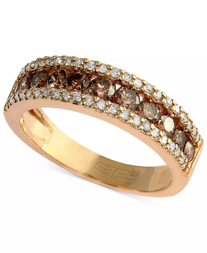 [14K, 7/8 Ct. T.W.] Gold Espresso Brown & White Diamond Three-Row Band