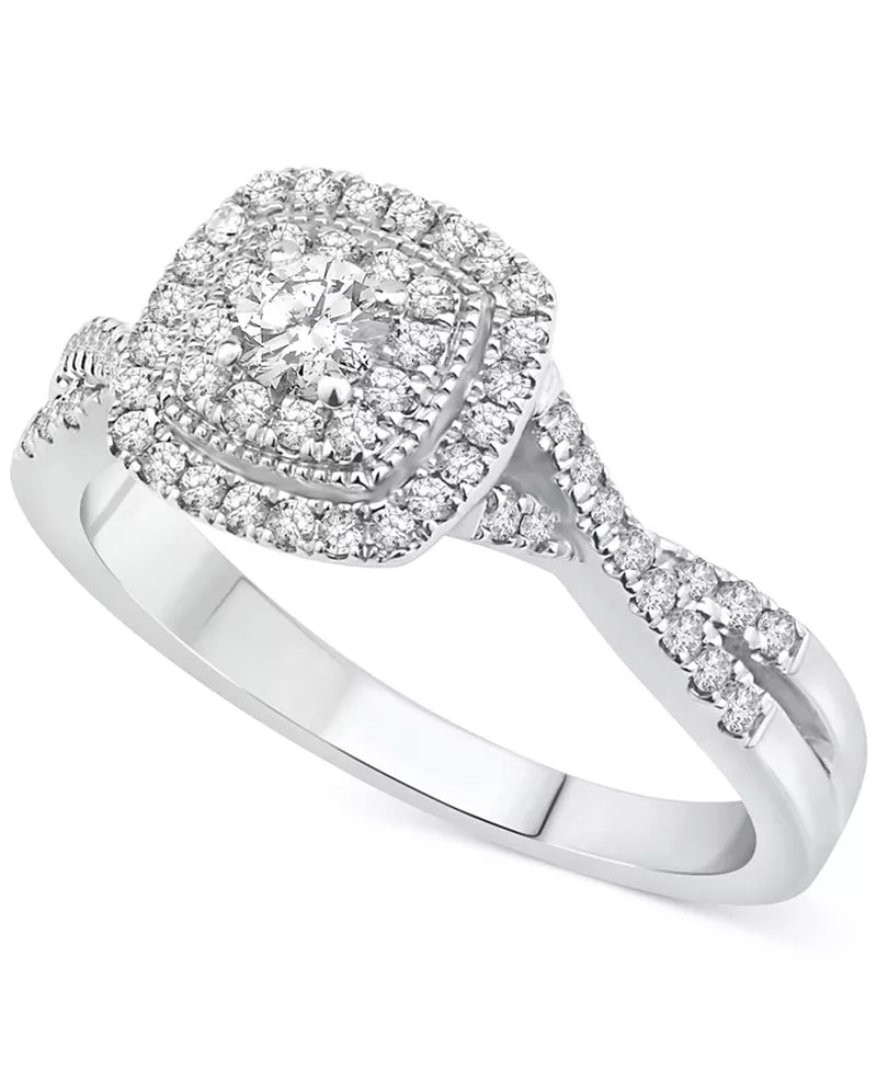 [14K, 5/8 Ct. T.W.] White Gold Diamond Cushion Halo Twist Bridal Set