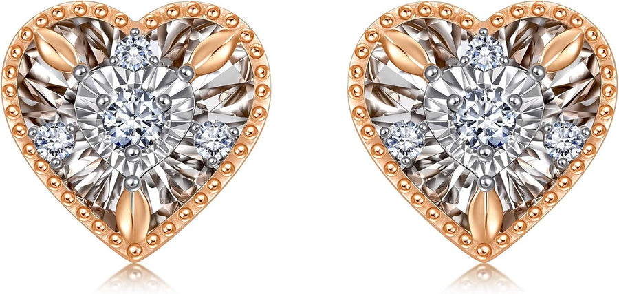 [18K, 0.107 Cttw] White & Rose Gold Heart Diamond Stud Earrings