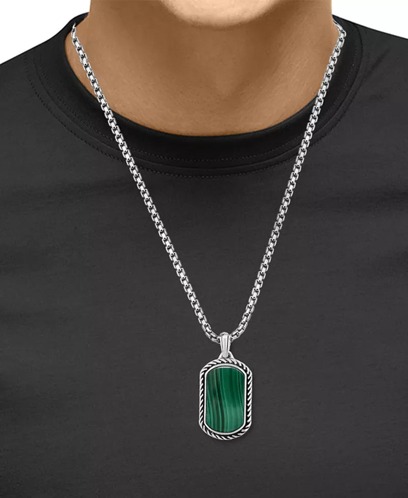 Sterling Silver Mens Malachite Dog Tag 22" Pendant