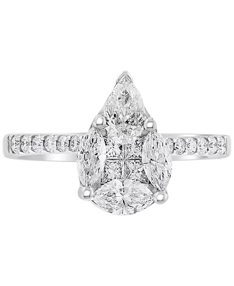 [14K, 1-1/5 Ct. T.W.] White Gold Diamond Pear Shaped Cluster Engagement Ring