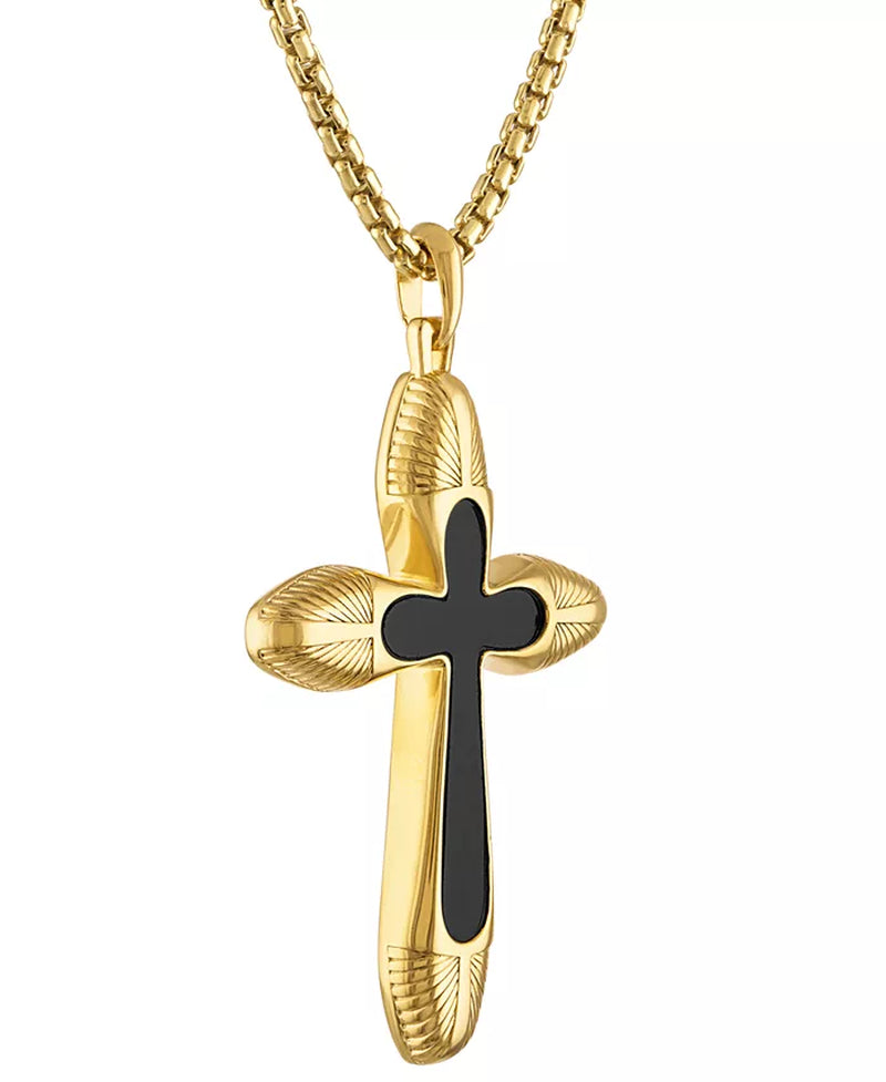 [14K] Gold-Plated Sterling Silver Black Icon Agate Cross Pendant