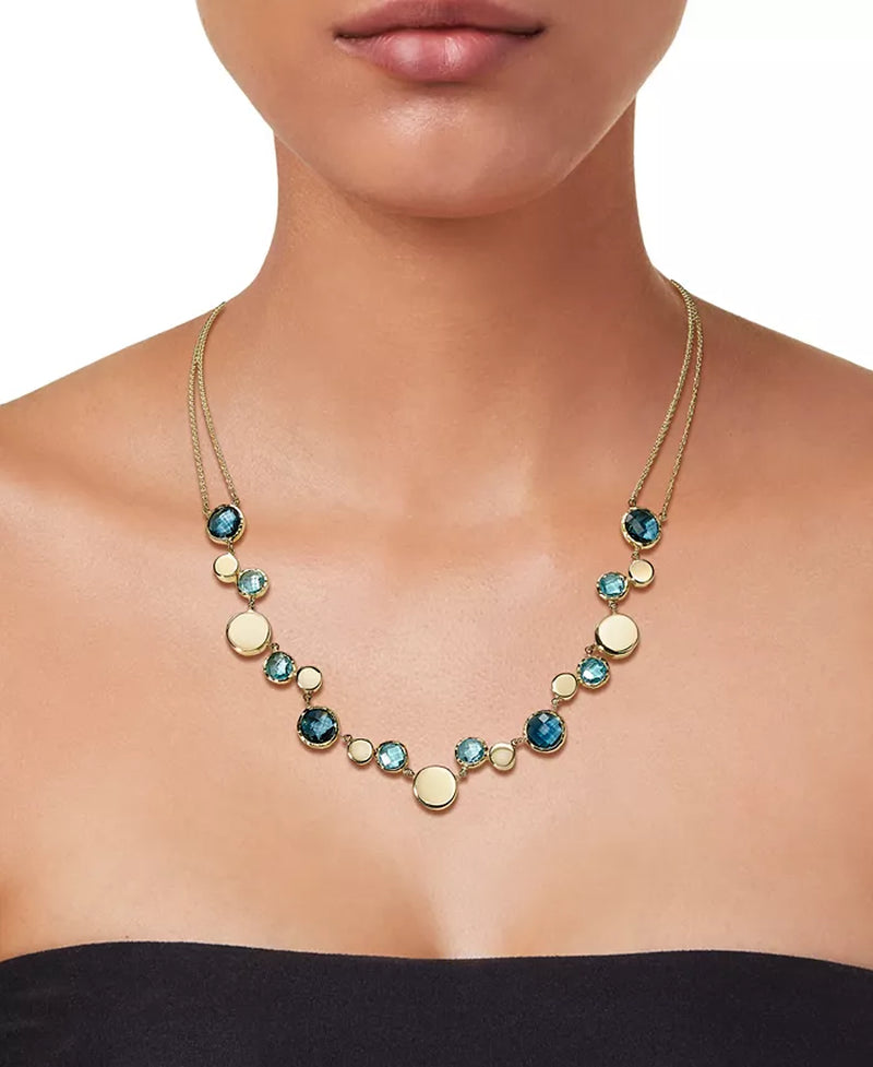 [14K , (14-3/4 Ct. T.W.] Gold Multi-Blue Topaz & Polished Disc Double Strand 18" Collar Necklace