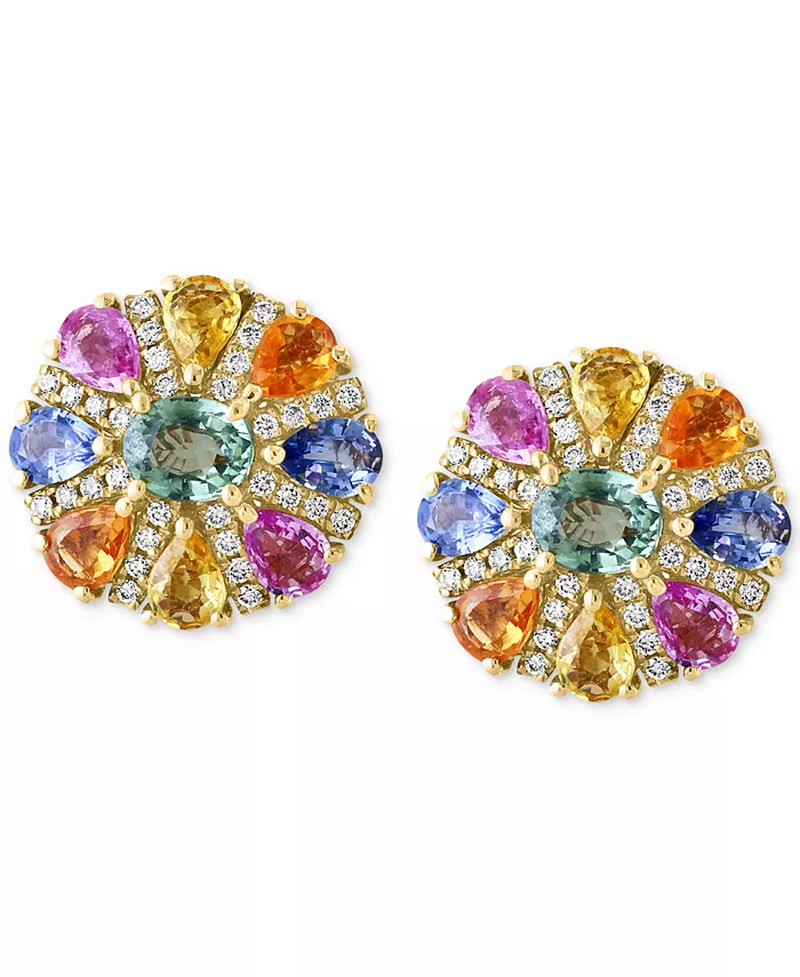 [14K] Gold Multi-Sapphire (3-7/8 Ct. T.W.) & Diamond (1/4 Ct. T.W.) Flower Stud Earrings