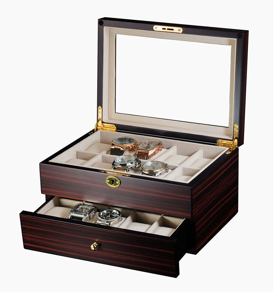 Watch & Jewelry Box with Glass Top Lid, 20 Slot Wooden Watch Holder Display Case