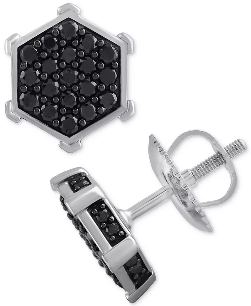 [1 Ct. T.W.] Men's Black Diamond Hexagon Cluster Screw Back Stud Earrings