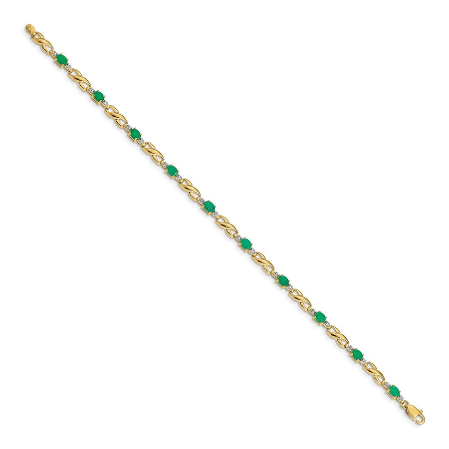 14K Yellow Gold Diamond and Emerald Oval Bracelet - .01 Dwt 1.70 Cwt