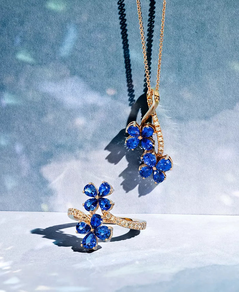 [14K] Rose Gold Blueberry Sapphire (1-1/2 Ct. T.W.) & Nude Diamond (1/10 Ct. T.W.) Flower Necklace