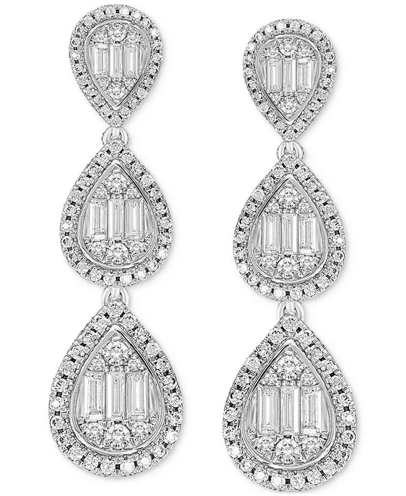 [14K, 1-1/2 Ct. T.W.] White Gold Diamond Baguette & Round Triple Teardrop Cluster Drop Earrings