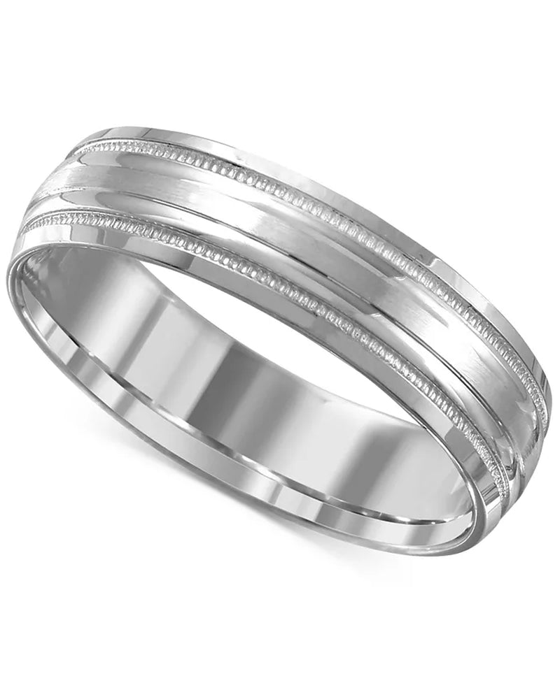 [14K] White Gold Men's High-Polished Etched Wedding Band