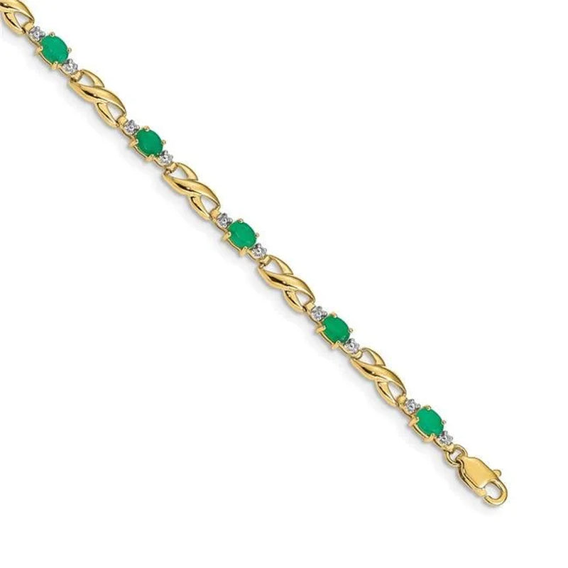 14K Yellow Gold Diamond and Emerald Oval Bracelet - .01 Dwt 1.70 Cwt