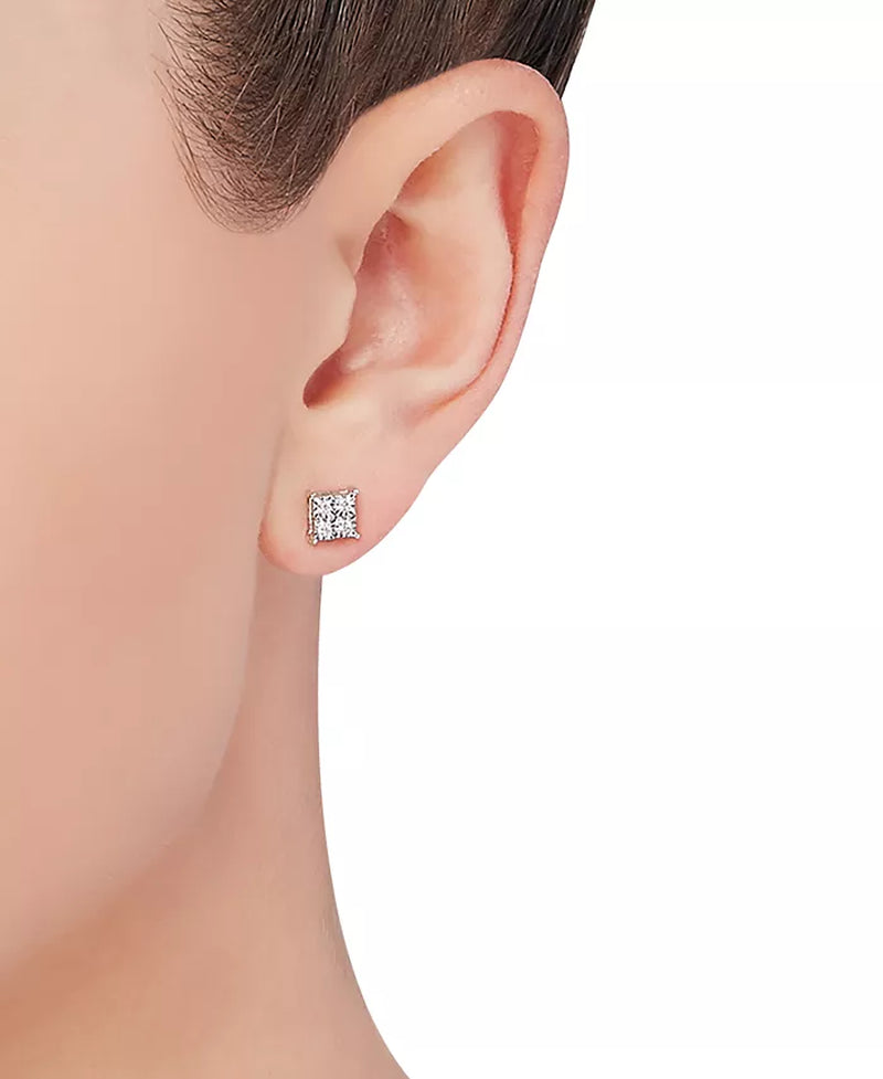 [14K] White Gold Diamond Accent Square Earrings