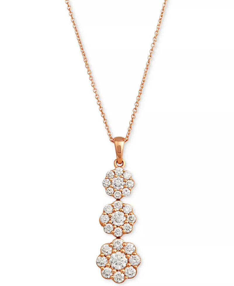 [14K, 1 Ct. T.W.] Rose Gold Nude Diamond Triple Flower Adjustable 20" Pendant 