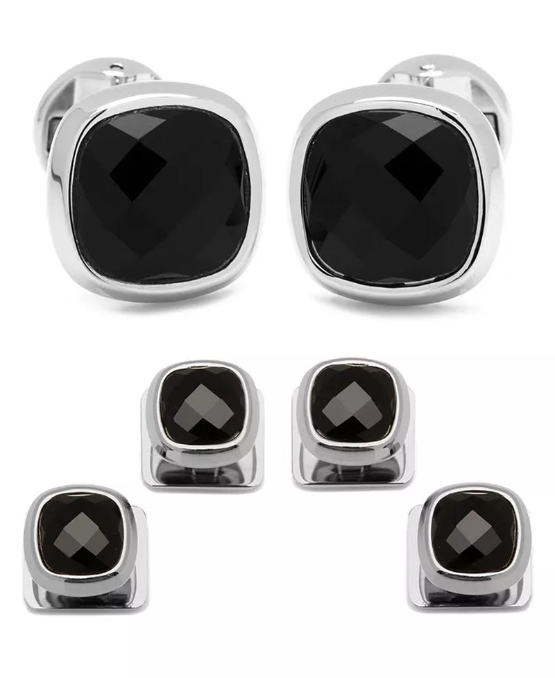 Mens Stainless Steel Faceted Onyx Cufflink and Stud Set