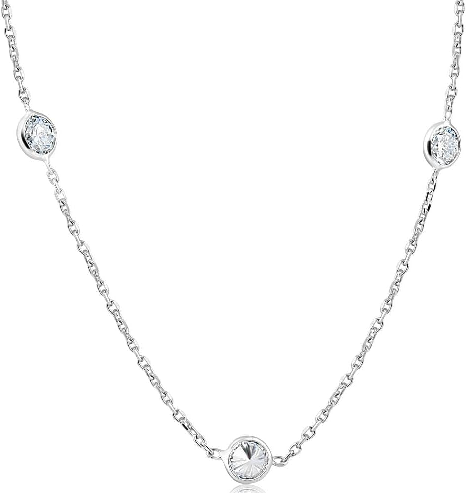 14K White Gold 1.00Ct TW Certified Bezel Set Diamond Station Necklace 18" Long with Lobster Clasp Lab Grown (H-I,VS1-VS2)