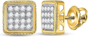 [14K, 1 Cttw] Yellow Gold Mens Round Diamond Square Cluster Stud Earrings 