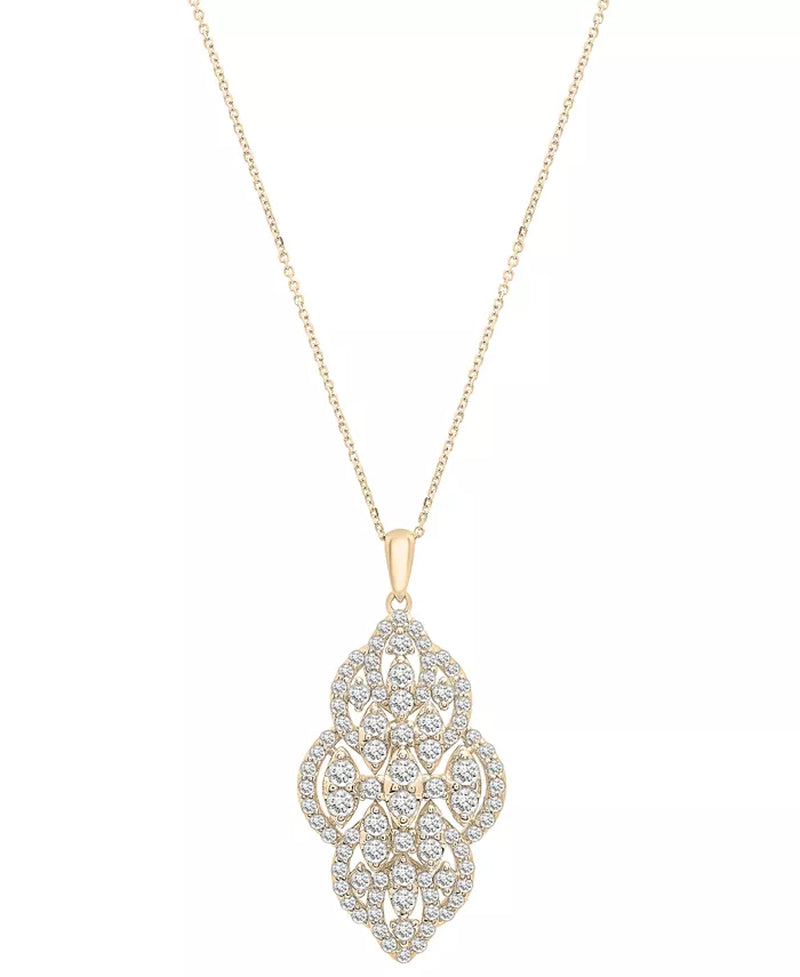 [14K, 1-1/2 Ct. T.W.) White or Yellow Gold Diamond Filigree Cluster 18" Pendant