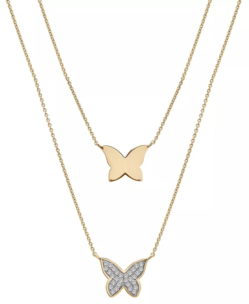 [10K, 1/6 Ct. T.W.] Gold Diamond Pavã© & Polished Butterfly Layered Pendant