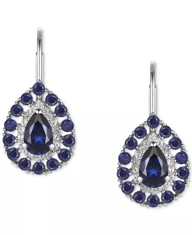 [14K] White Gold Sapphire (1-3/4 Ct. T.W.) & Diamond (1/6 Ct. T.W.) Teardrop Leverback Drop Earrings