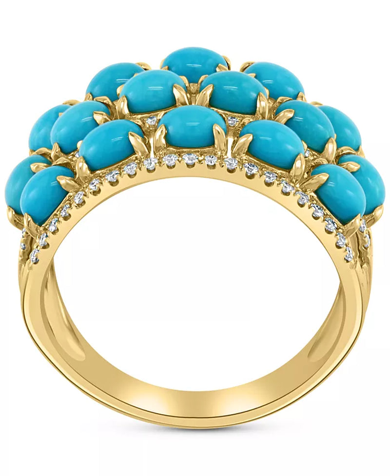 [14K, 1/3 Ct. T.W.] Gold Turquoise & Diamond Multi Row Statement Ring