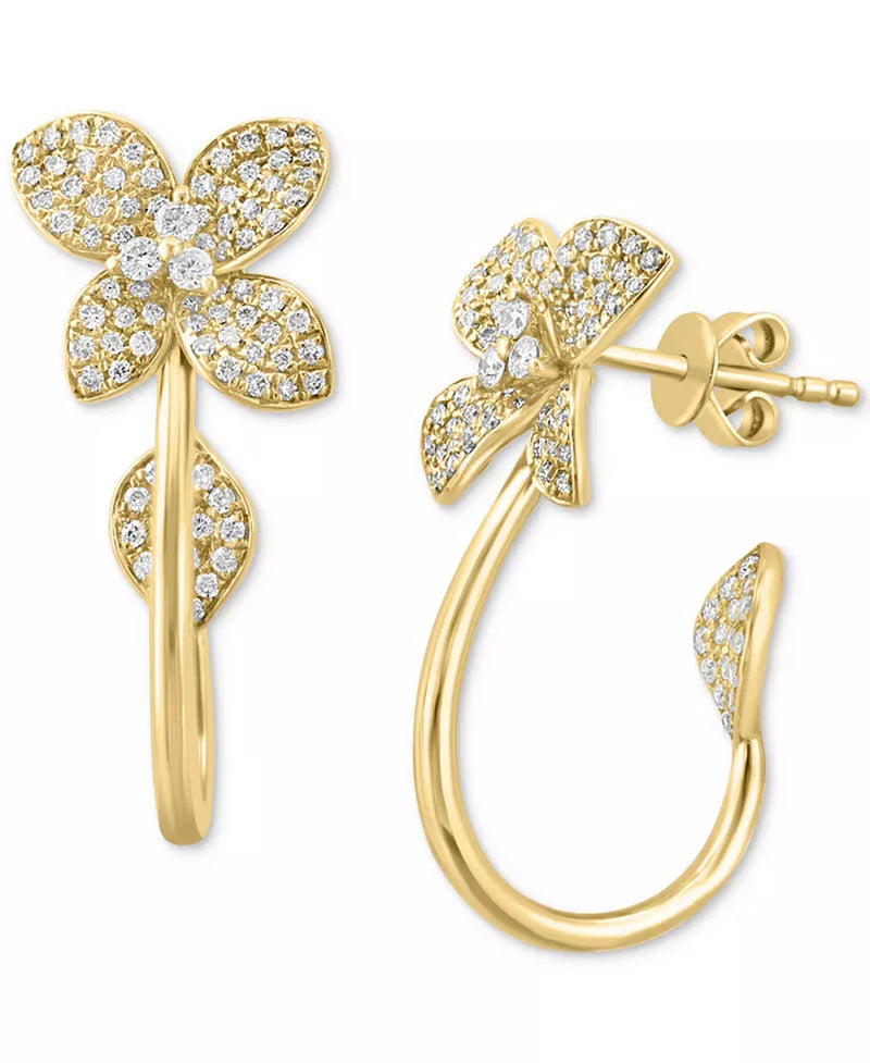 [14K, 5/8 Ct. T.W.] Gold Diamond Flower Pavã© Hoop Earrings