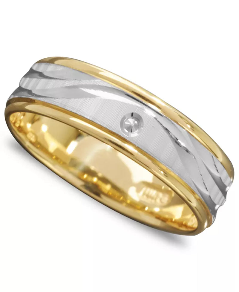 Men'S 14K Gold and 14K White Gold Ring, Wave Engraved Band