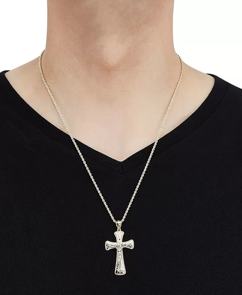 [10K] Yellow & White Gold Polished Nugget Crucifix 22" Pendant