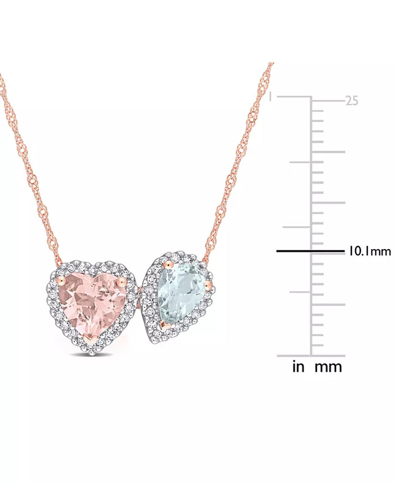 [14K] Rose Gold Morganite (1-1/10 Ct. T.W.), Aquamarine (5/8 Ct. T.W.) & Diamond (1/5 Ct. T.W.) Two-Stone Halo Necklace